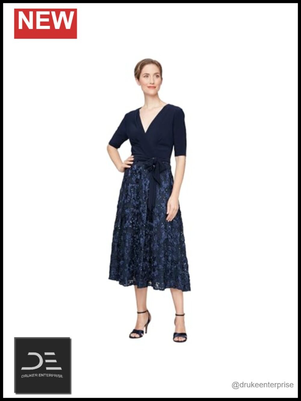 Tea Length Jersey Rosette Lace Dress V-Neck Short Sleeve Midi Party